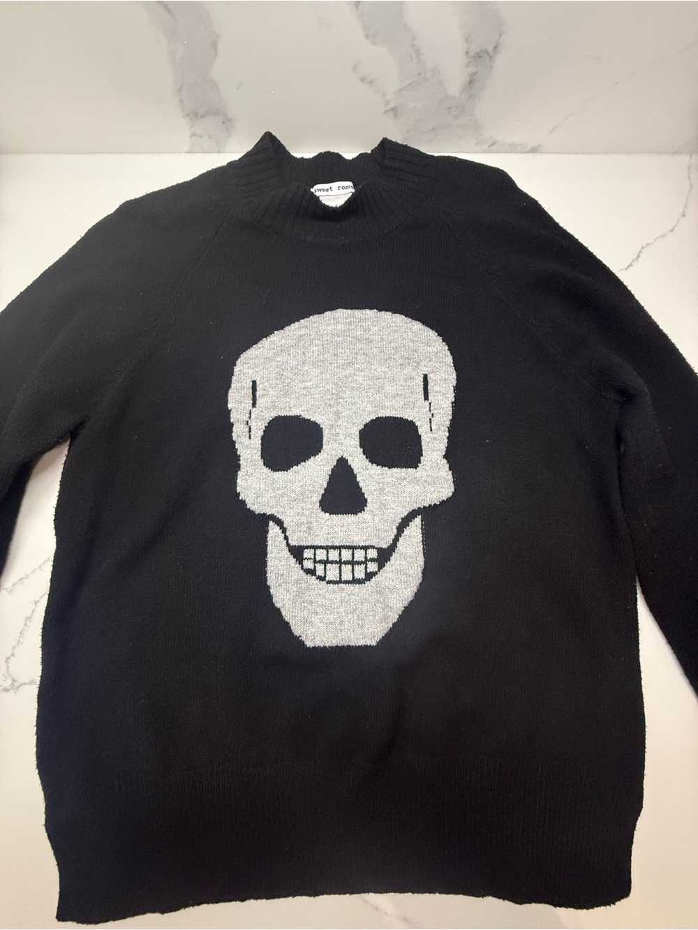 Black Crewneck Sweater with Gray Skull Intarsia